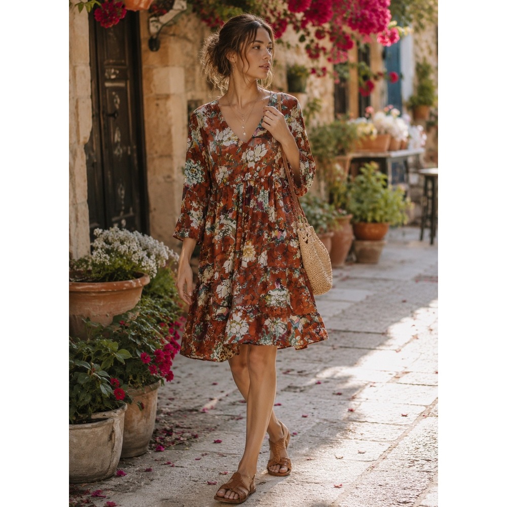 Hemant & Nandita Zeri Floral Bird Mini Dress Women 8 Boho Tiered Ruffle V-Neck